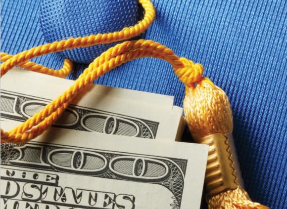 Image of a graduation cap, tassel, and 100 hundred dollar bills